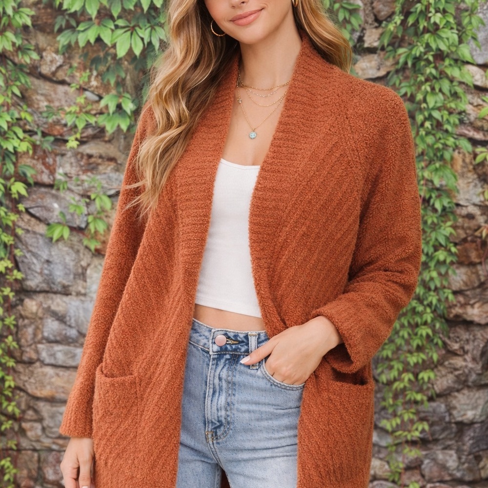 BAREFOOT DREAMS Plush Burnt Sienna Textured Open Cardigan, XL - Picture 1 of 9